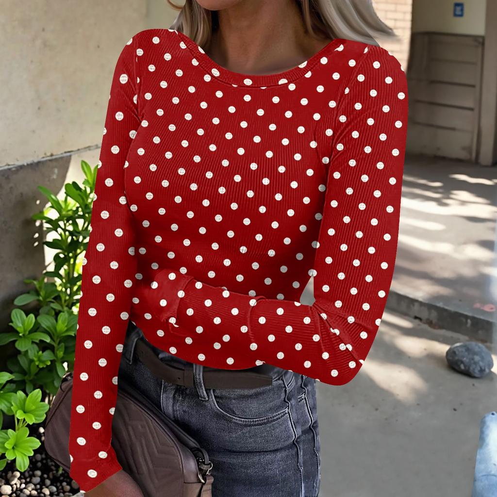 Women Long Sleeve Crew Neck Polka Dot Print Ribbed Knit Casual Top Comfortable Loose Fit Pullover Blouse for Daily Wear