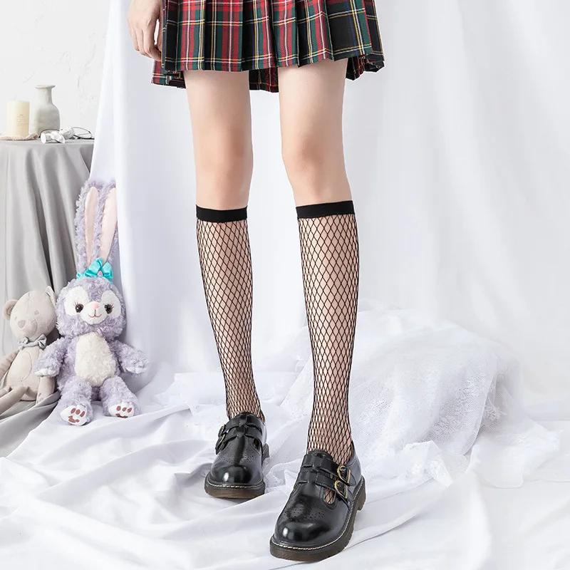 Sexy Mesh Women Stockings Gothic Fishnet Summer Women Tights Underwear JK Lolita Girls Solid Color Knee High Long Socks Lingerie