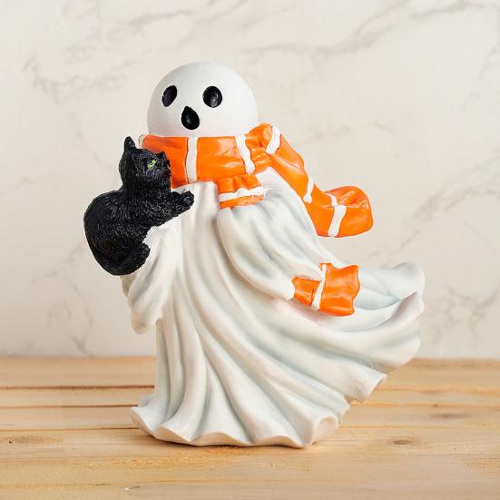Halloweenská figurka duch Bílý duch držící dýni Kočka Strašidelná pryskyřičná ozdoba Rytá Halloweenská dekorace