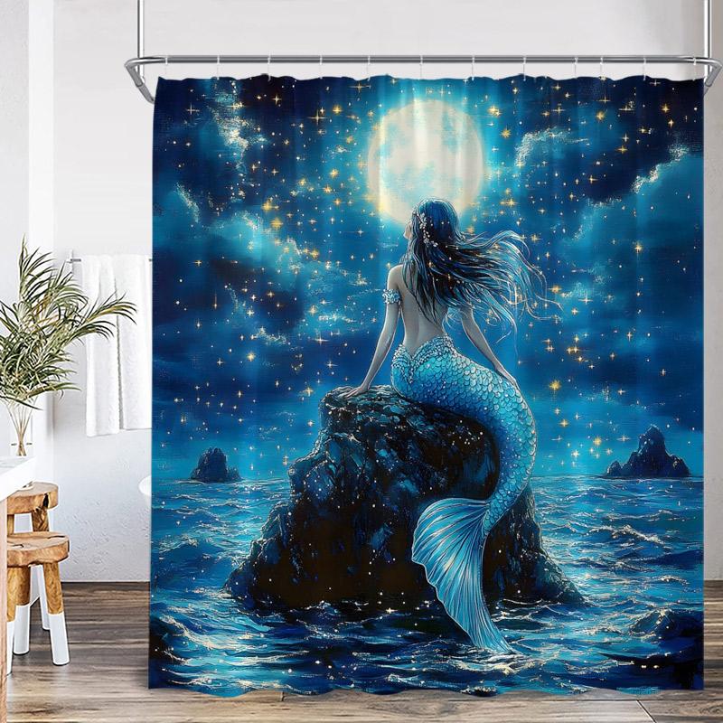 

Ocean Mermaid Shower Curtains Sea Waves Cosmic Starry Sky Sunset Scenery Modern Fabric Home Bathroom Curtain Decor With Hooks W60H190(CM)-1 Pcs