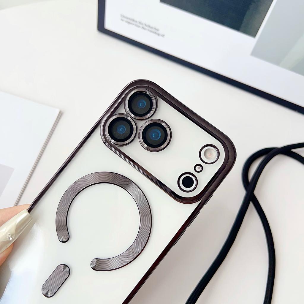 Crossbody Necklace Lanyard Plating Magnetic Case For iPhone 17 Pro Max 16 15 13 12 14 Plus Clear For Magsafe Soft Silicone Cover