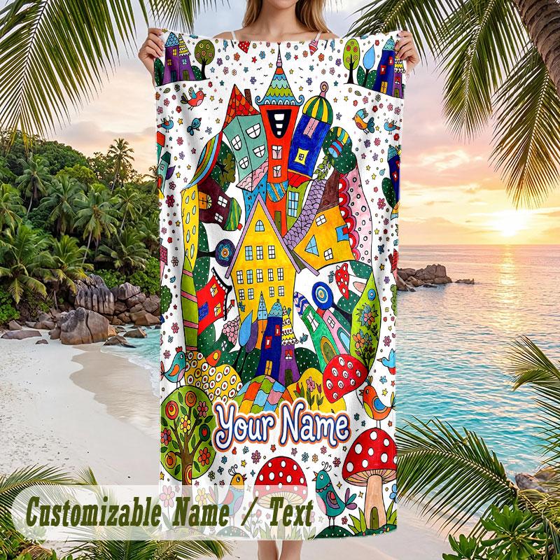 Whimsical Cat Mandala Art Theme Quick Dry Beach Towel Custom Name Text Print Large Sand Resistant Towel Beach Vacation