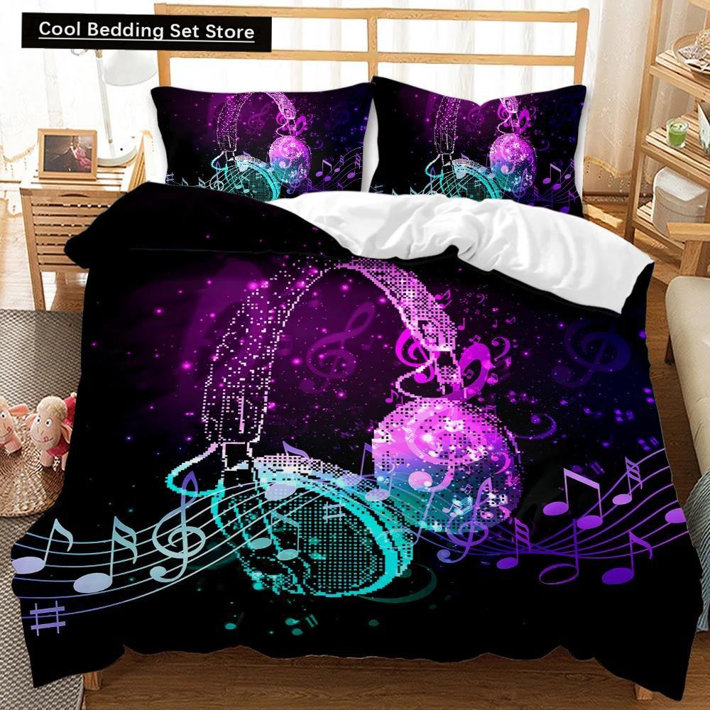 Set de lenjerie de pat cu husă de pilotă pentru căști, muzică rock, melodie, notă, alb rece, căști pentru băieți, dublă, dimensiunea Queen, King, din poliester, husă de pilotă