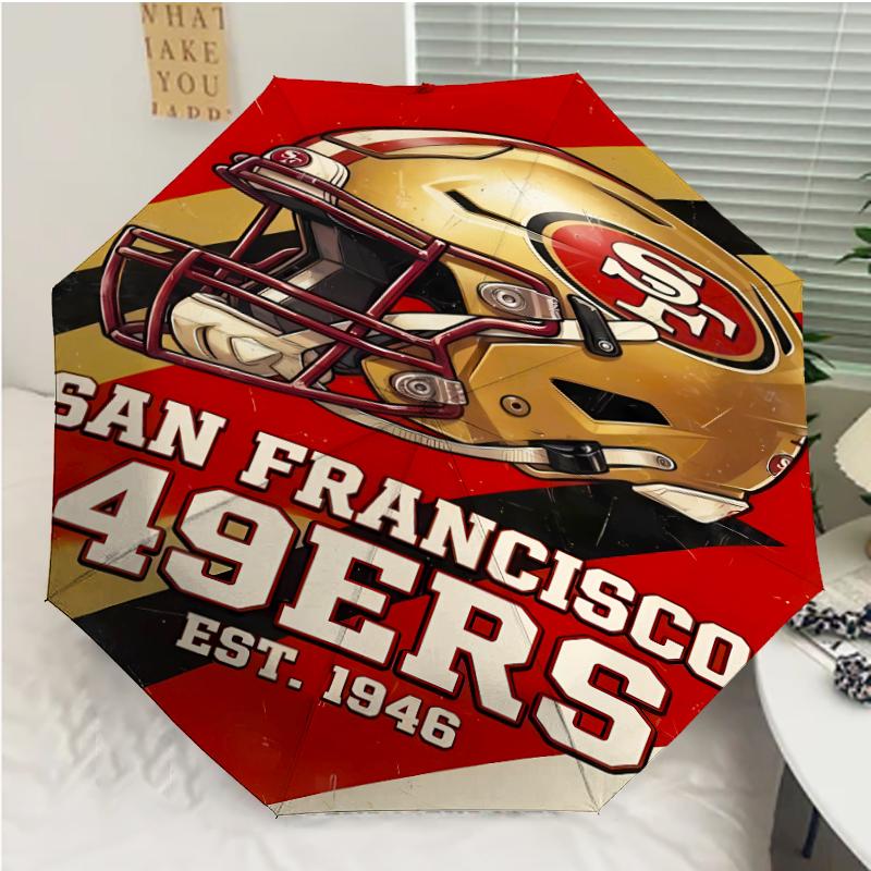 San Francisco 49ers LOGO Print Automatic Umbrella, 8 Rib Iron Frame, Plastic Handle, Suitable for Outdoor Travel &Daily , Ideal Gift