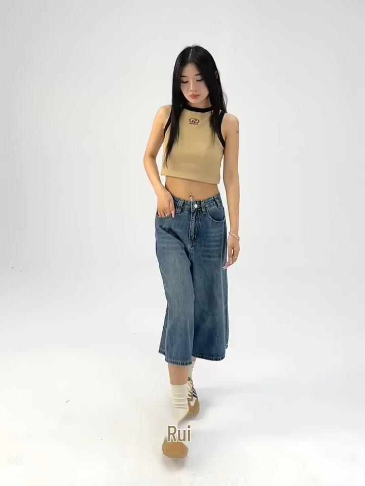 Women's Wide-Leg Cropped Jeans: Summer 2025 High-Waisted, Slimming, Loose, Versatile Mid-Length Five-Point Pants