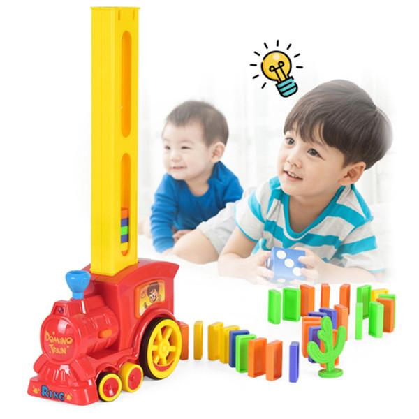 Elektrischer Domino-Zugwagen, automatische Einrichtung, 60 Stück, bunte Kunststoff-Dominosteine, Spielzeug, Lernspielzeug, Kindergeschenk