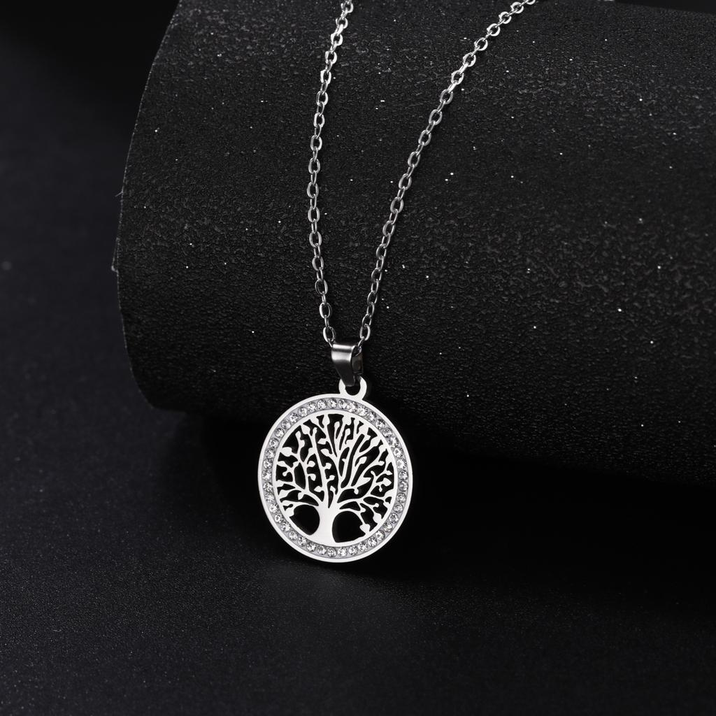 Women's Stainless Steel Gold-Color Tree of Life Necklace with Clear Zircon round Pendant Luxury Jewelry Gift for Weddings