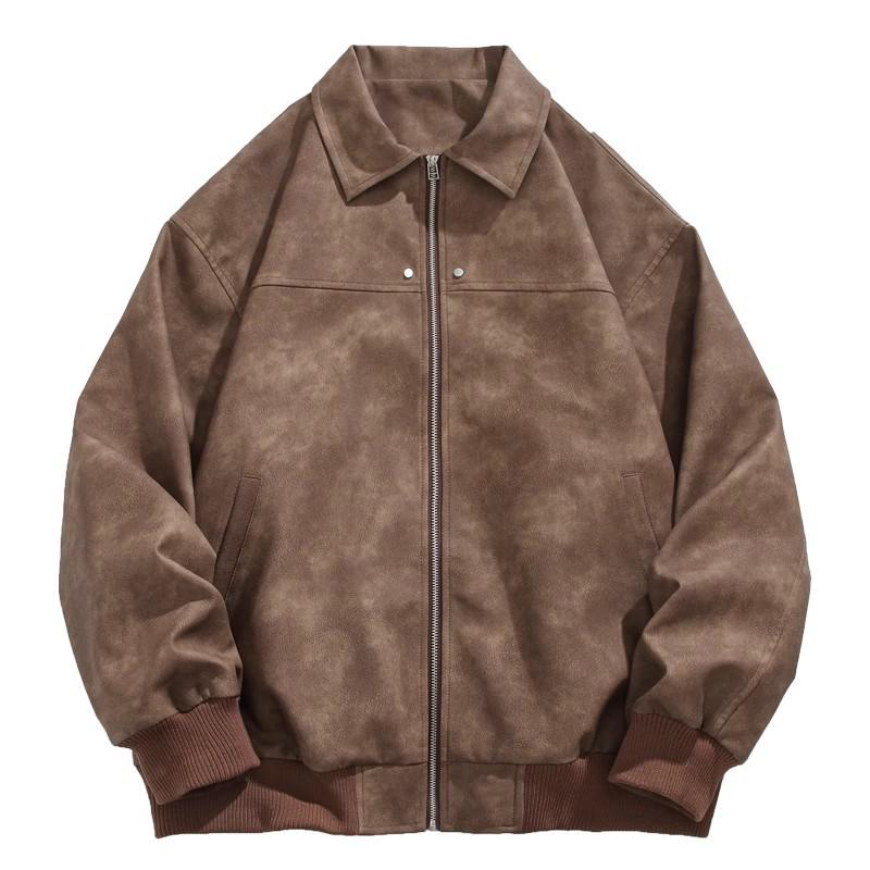 2024 Men's American Retro Brown Suede Leather Lapel Jacket