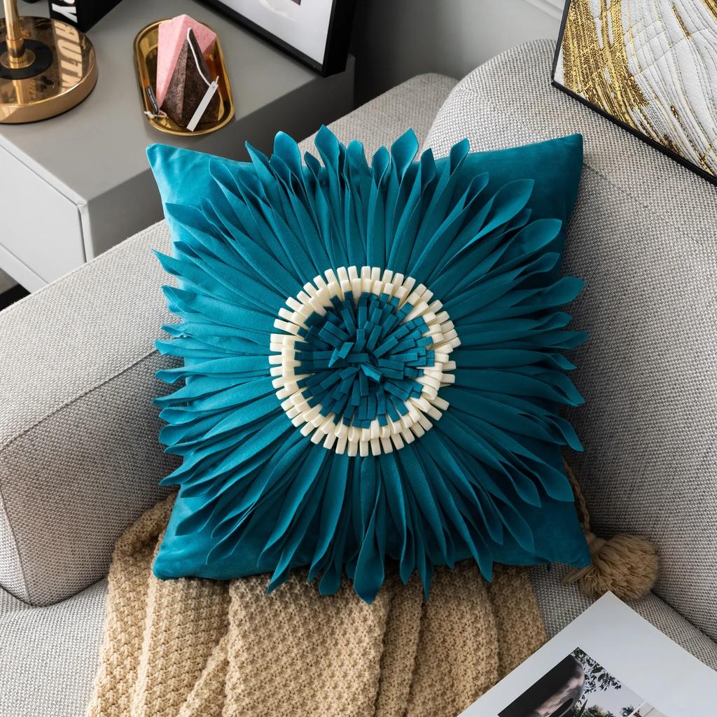 Fashion Modern Style Pink White Throw Pillows 45*45cm Velvet Stitching 3D Chrysanthemum Cushion Waist Pillow Blue Cushion Case