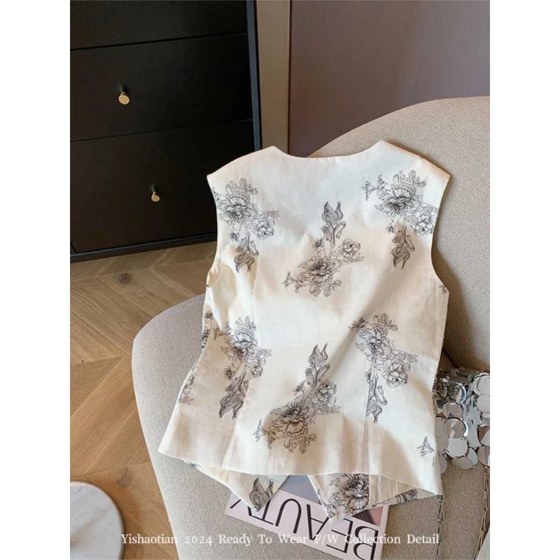Korean Version Temperament Printed V-neck Vest for Women Autumn New Casual Waistcoat Top S белый
