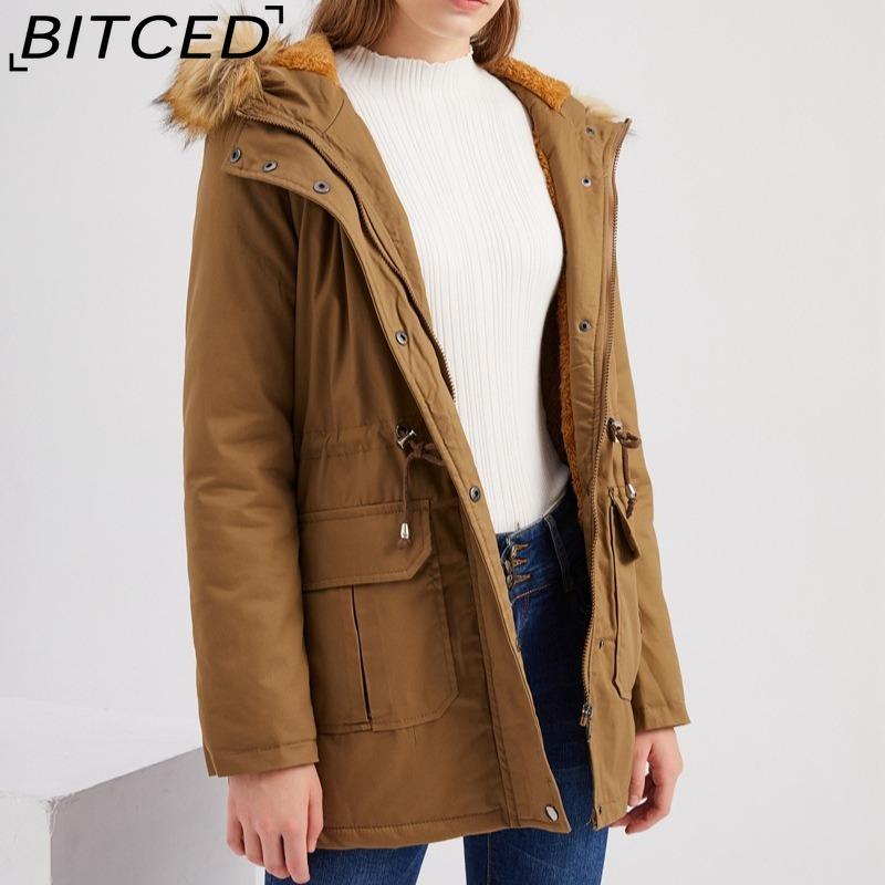 BITCED Fleece-Lined Cotton Coat with Hood and Fur Collar Winter Warmth Outerwear Plus Size Women's Cotton Jacket