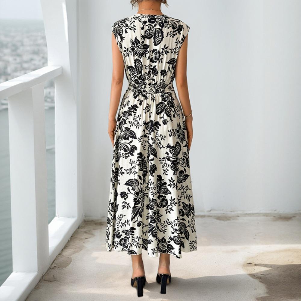 Women's V Neck Sleeveless Midi Dress A-Line High Waist Elegant Floral Print Sundress
