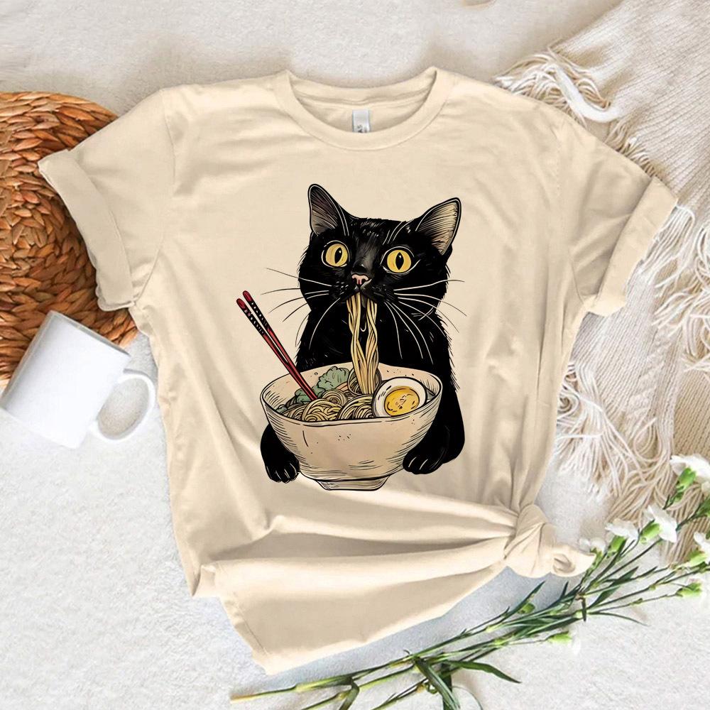 Nudel Ramen Katze Shirt Teen Popkultur Grafik Bequem Gothic Vintage Klassisch T-Shirt Damen 80er Bequem 2000er kawaii