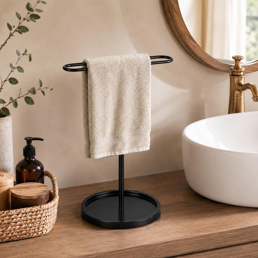 S-Shaped Round Base - Freestanding 2-Tier Towel Holder for Bathroom Kitchen Counter Storage Shelf