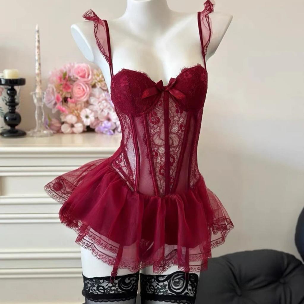 Sex Underwear Sexy Mesh Chest Pad Pajamas Steel Rim Vest Free Pop Skirt Uniform French Suit Pink Poly
