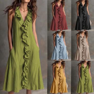 Spring Summer New Women's Solid Color Sleeveless V-neck Cotton Linen Large Swing Ruffle Hem Dress