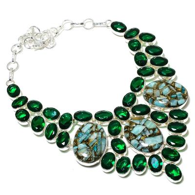 Natural Copper Amazonite,Diopside Gemstone 925 Sterling Silver Necklace 18" C7l38