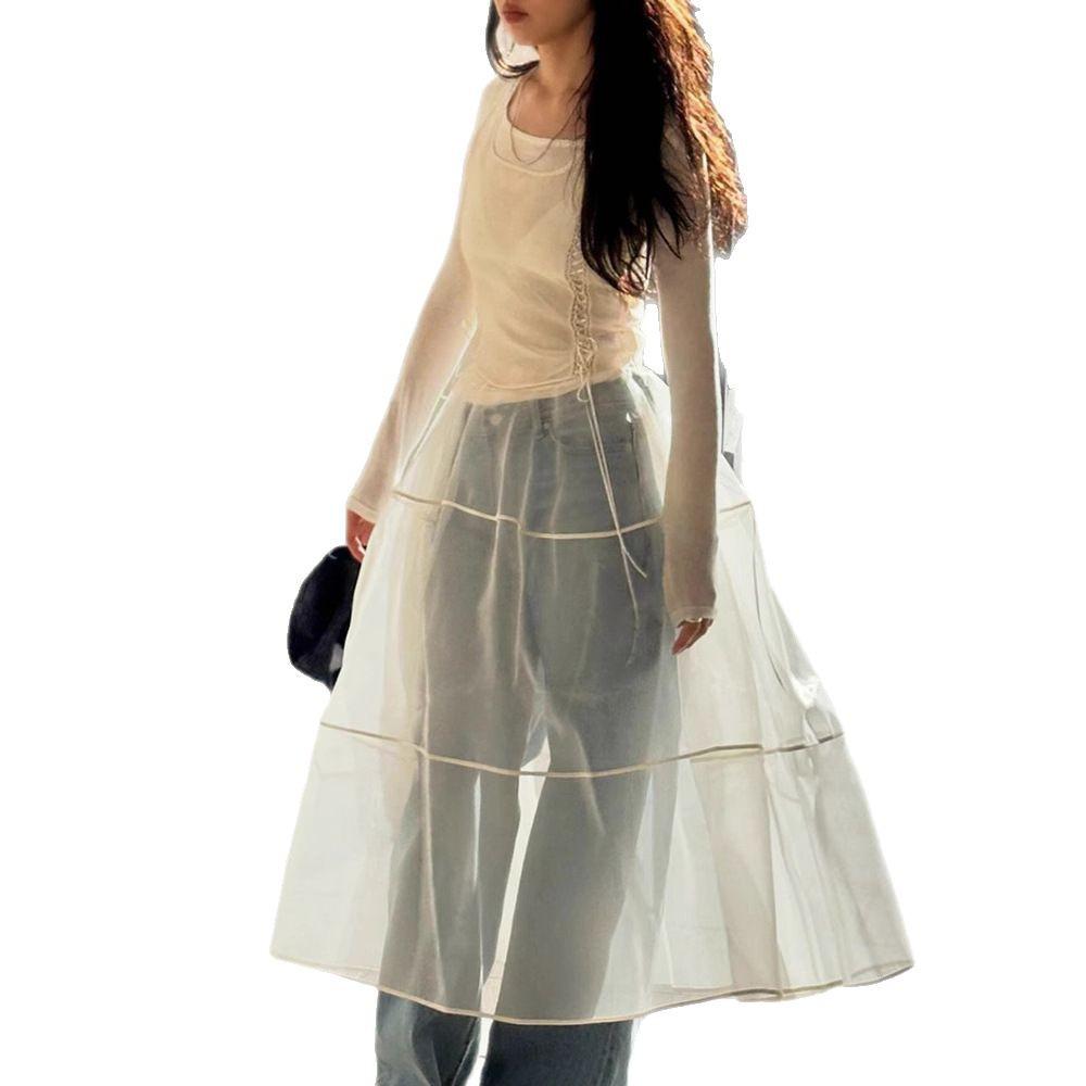 Zarif Nokta Dantel Organze Uzun Etek - İlkbahar ve Sonbahar İçin Kore Stili