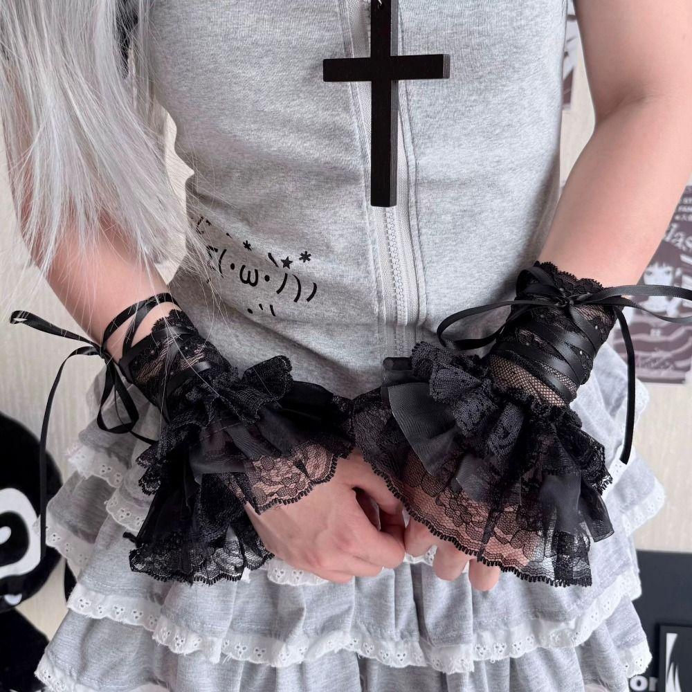 Ruffled Lace Lace Arm Sleeves Elastic Band Fake Sleeves Women's Fingerless Gloves  Anime Costume