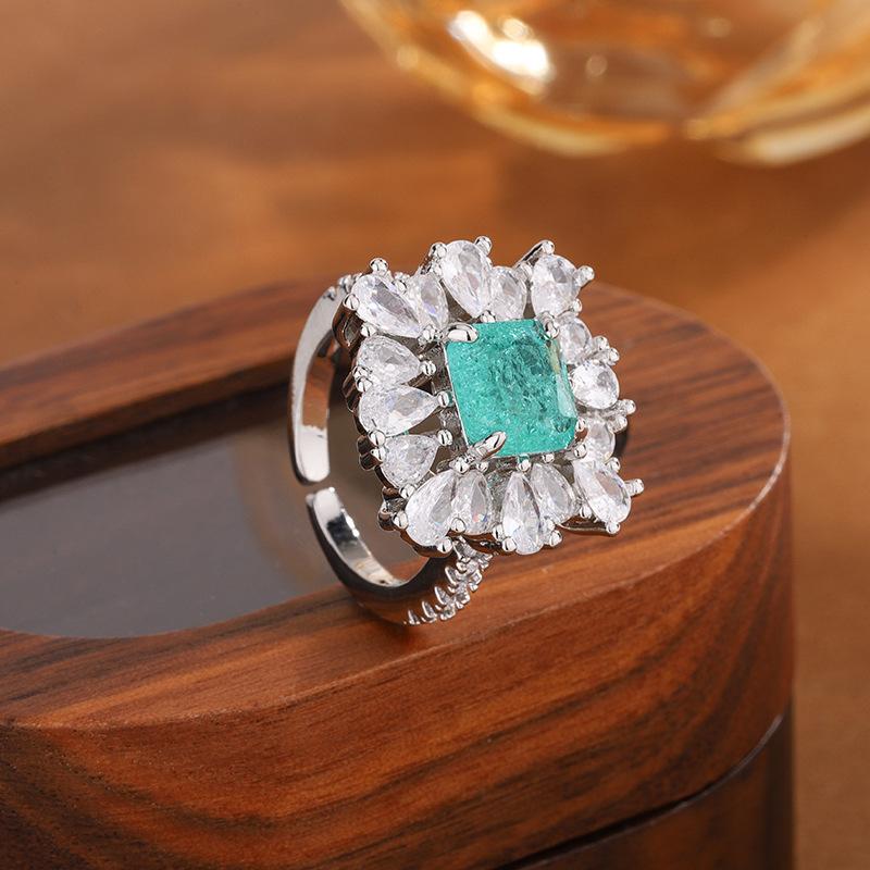 Copper Fashion Imitation Paraiba Diamond Set Geometric Love Opening Ring Lady Party Birthday Wedding Jewelry Gift