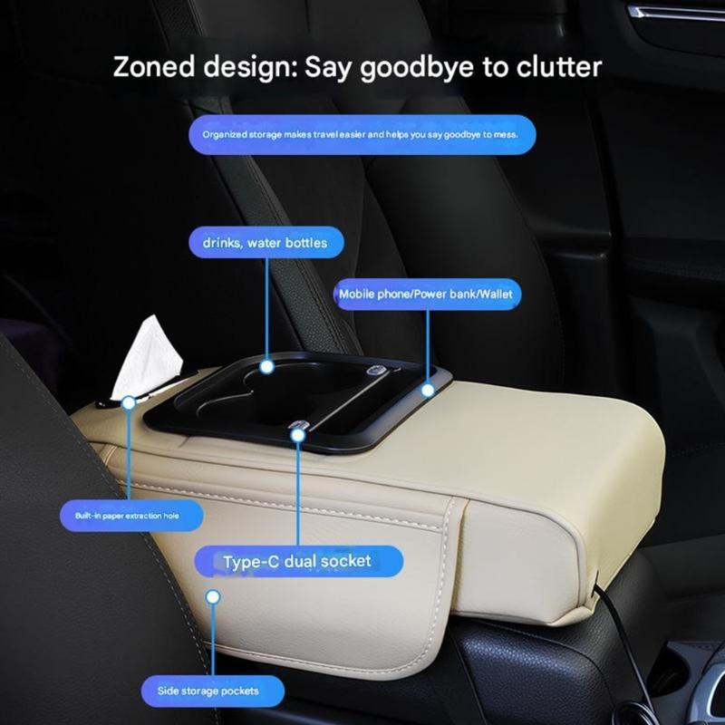 Multifunctional Auto Armrest Box Pad Leather Cushion with 2 Fast Charging USB Port And Storage Space