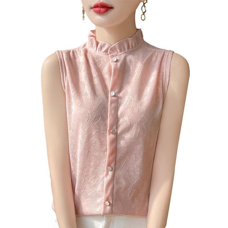 Women's Spring and Autumn New Retro Style Half-high Round Neck Wooden Ear Edge Jacquard Hollow Loose Sleeveless Vests