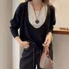 Women's Autumn/Winter Loose Color Block Wool Sweater with U-Neck