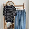 Shop Women Round Neck STriped Shirring ShorT Sleeve KniT T shirT Dgb Wkn 3613
