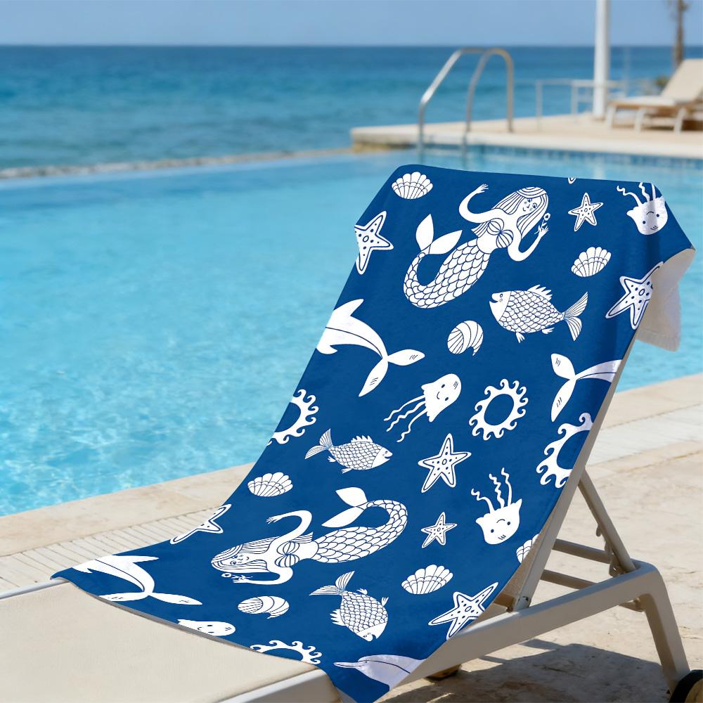 Mermaid & Sea Creature Beach Towel – Oversized Quick Dry Sand Free with Hand-Drawn Ocean Print