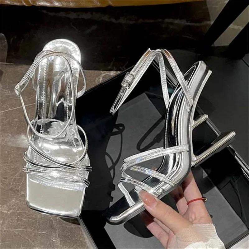 Fashion New Design Women's Shoes Narrow Band High Heels Luxury Fashion Women Sandals Summer Square Toe Buckle Strap Banquet Female Shoes