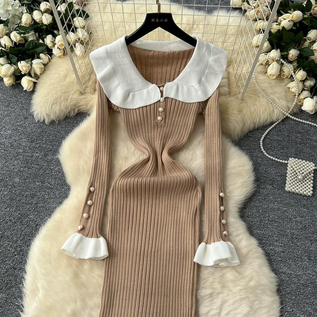 Spring Autumn Women Sweet Peter Pan Collar Knitted Sweater Long Midi Slim Mermaid Dresses