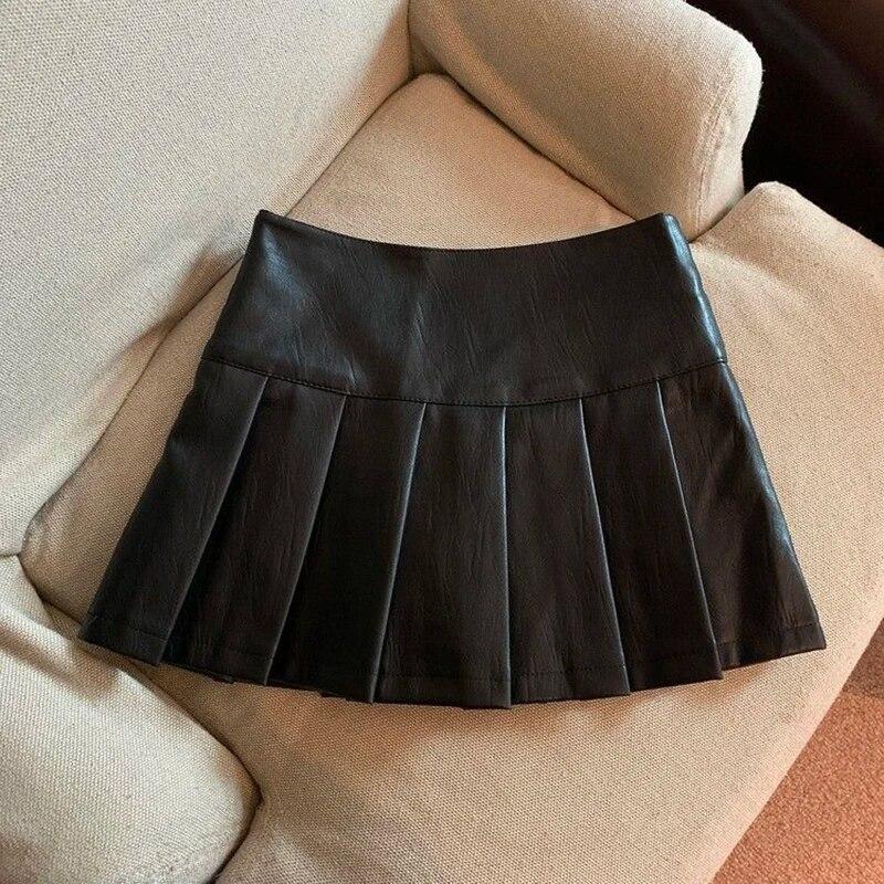 Pu Leather Mini Skirt Women Vintage High Waist Pleated Skirts Streetwear Korean Black Slim Casual A Line Skirts