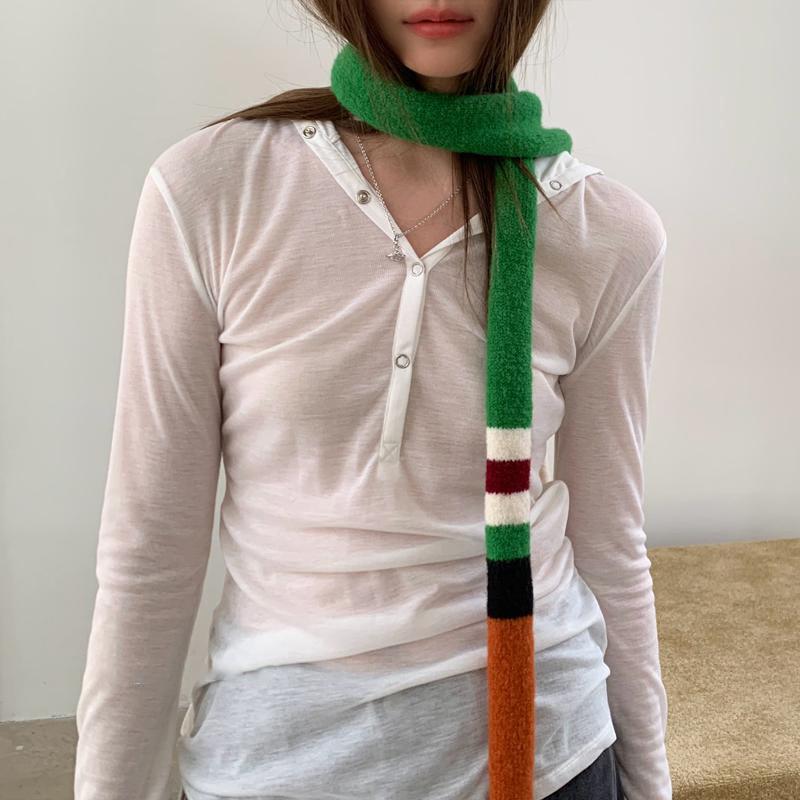 Gestreifter Farbpassender Retro Gestrickter Wollschal Schmaler Langer Schal für Damen Frühling
