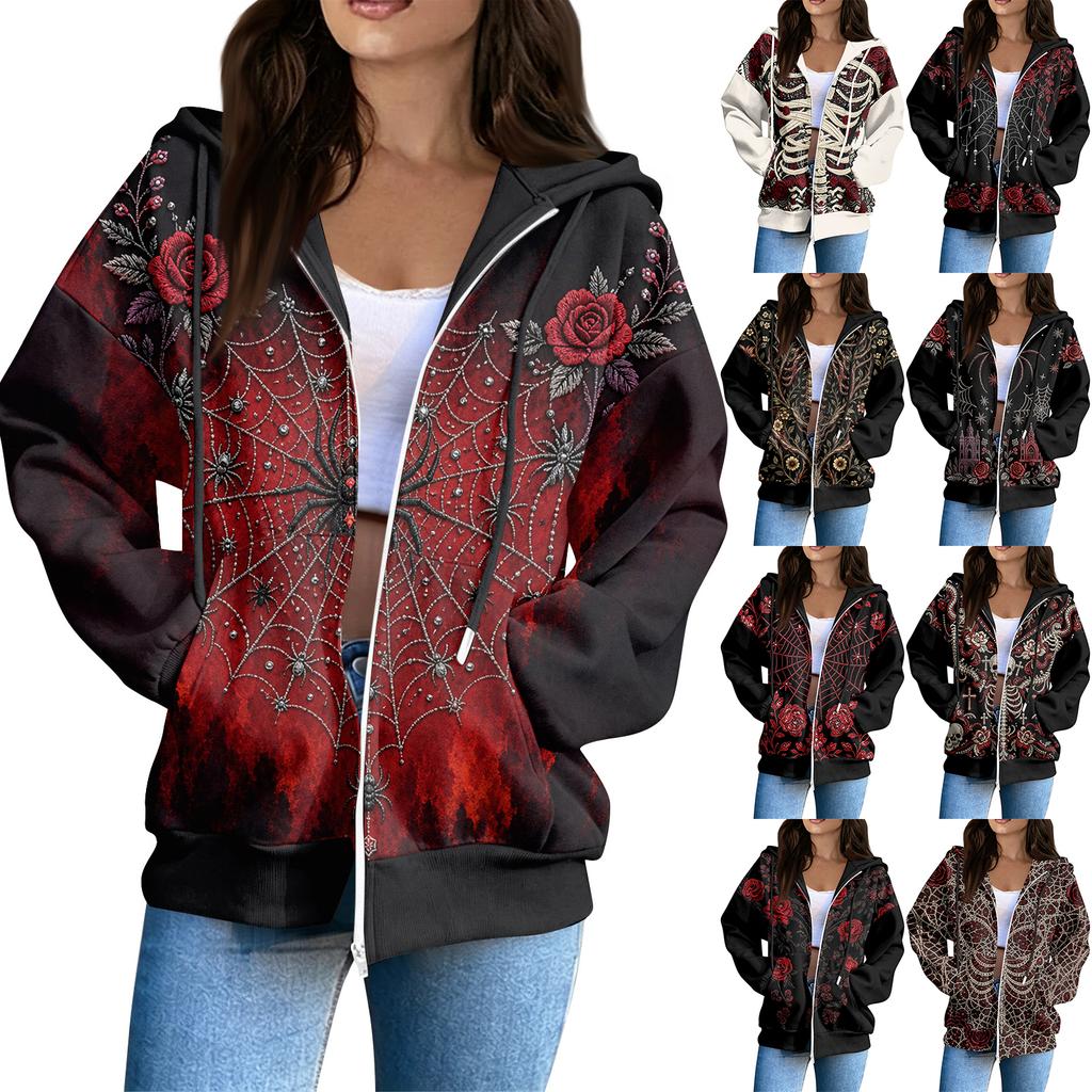 Women's Casual Long Sleeve Zip-Up Hooded Sweatshirt with Halloween Print