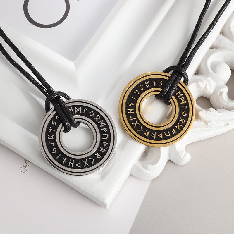 Vintage Rune Stainless Steel Pendant Adjustable Braided Leather Cord Necklace for Men Women Charm Amulet Jewelry Gift