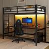 Letto a soppalco, 90*200 cm, Parapetto, Scala, Tavolo con USB e Presa, Striscia LED, Controllabile via App, Luci LED, Conforme EN747, Senza Materasso, Metallo, Nero
