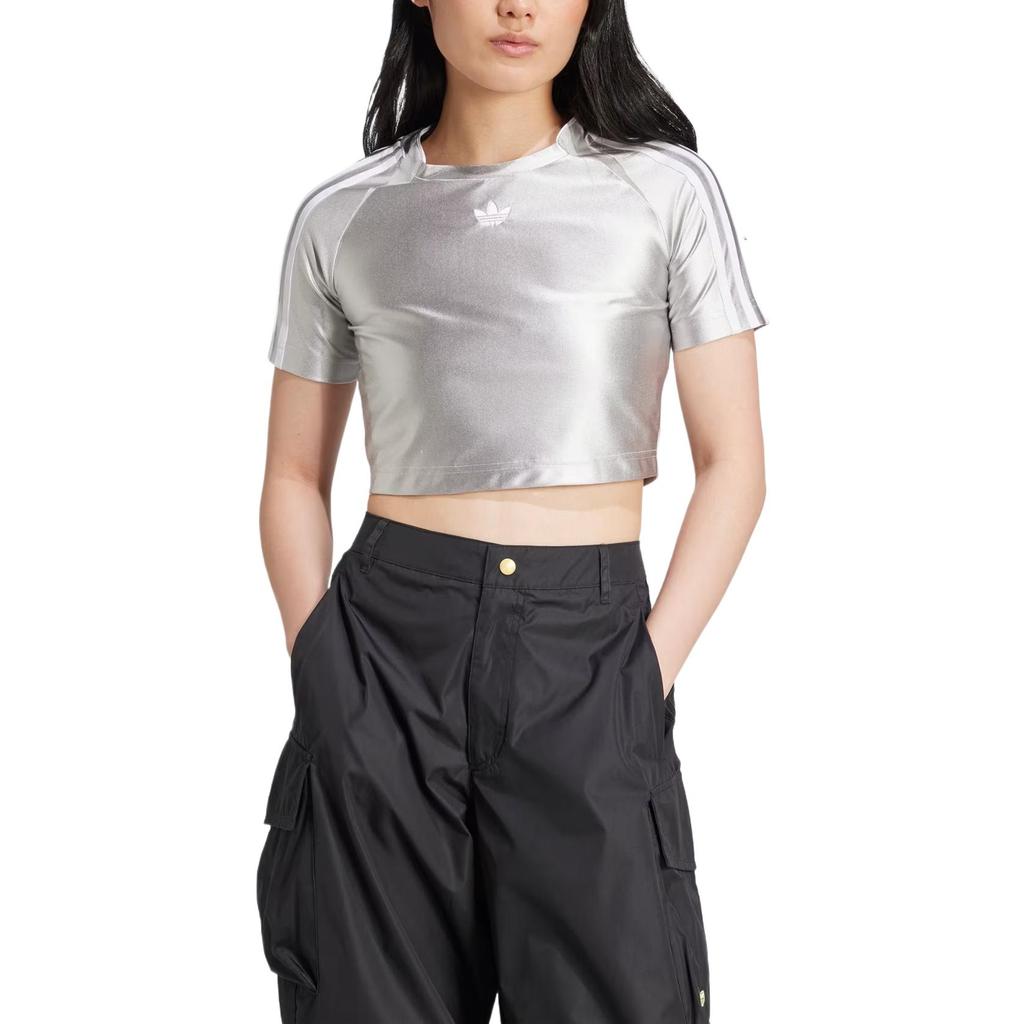 Adidas Originals Adicolor Teamgeist Comfortable Soft Skin-Friendly Fashion Solid Color Striped Short Sleeve Raglan T-Shirt Women Tops Silver JD0270