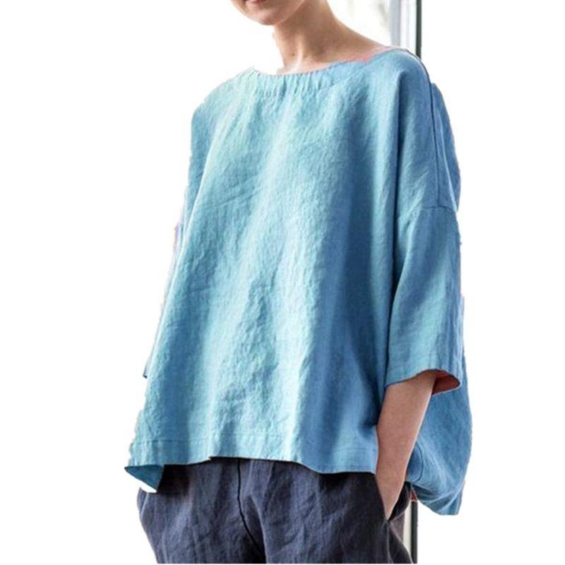 round-Neck Solid-Color Top round Neck Loose All-Match Artistic Plus size Solid Half Sleeve Top Women