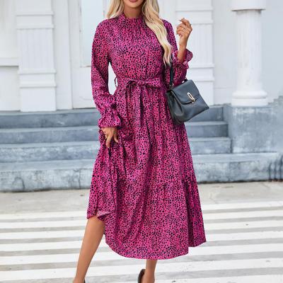 Rose Red Spring Women's Fashion Printed Collar Ruffled Long Sleeve Lace-up Waisted Dress
