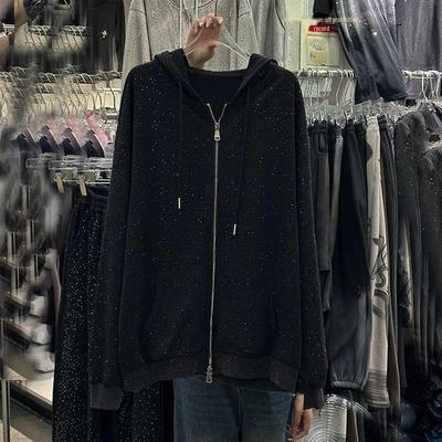 Ypač didelis moteriškas žvaigždėtas deimantinis gobtuvu švarkas, laisvo kirpimo, jauninantis užtrauktuku megztinis ankstyvam pavasariui, tinka 2-300 svarų