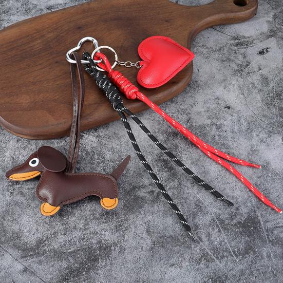 Dachshund Keychain Pendant Faux Leather Pendant, Cartoon Dog Hanging Decor with Braided Rope, Handbag Decorative Accessories Metal Carabiner Charm