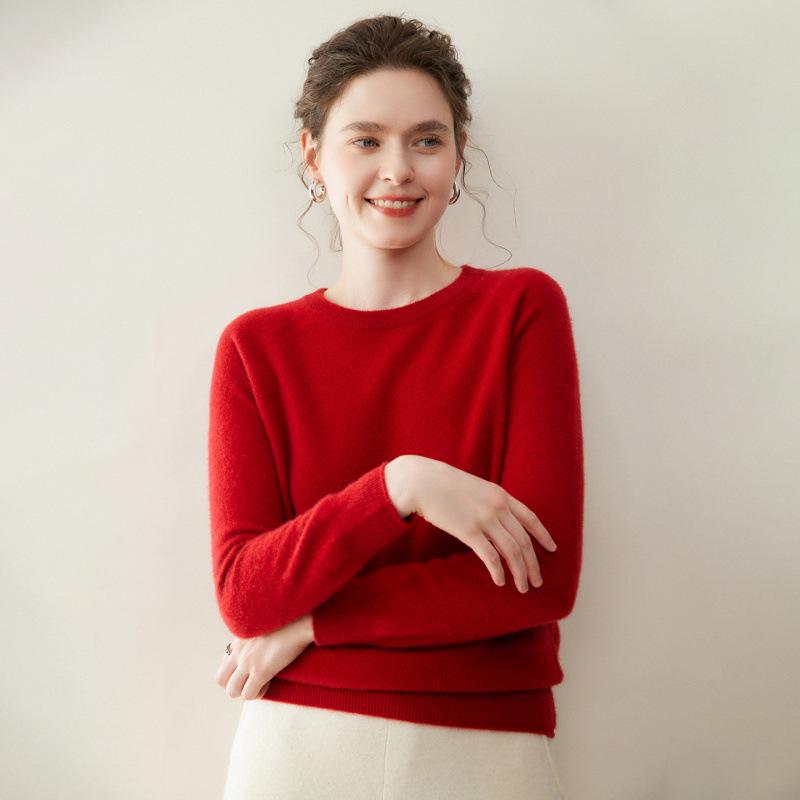 Women's 100% Pure Cashmere Round Neck Seamless Knit Sweater with Raglan Sleeves