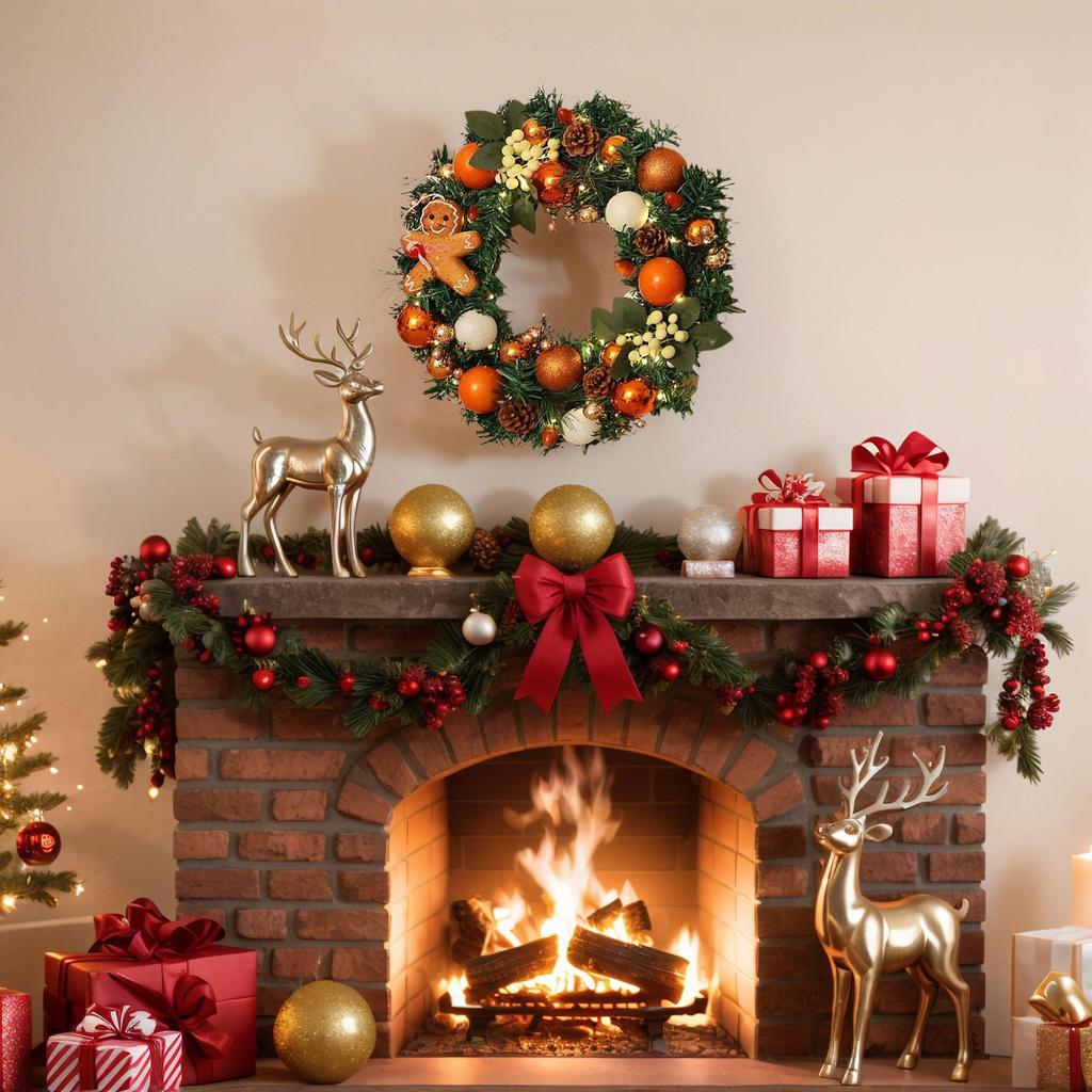 Outdoor Christmas Wreath 15.7 Inch Farmhouse Gingerbread Wreath With Lights For Home Realistic Holiday Decor For Entrance Front
