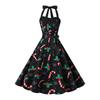 Fashion Style New Arrival Retro Hepburn Style Halterneck Christmas Print Shoelace Cinched Sleeveless Large Swing Dress Belt