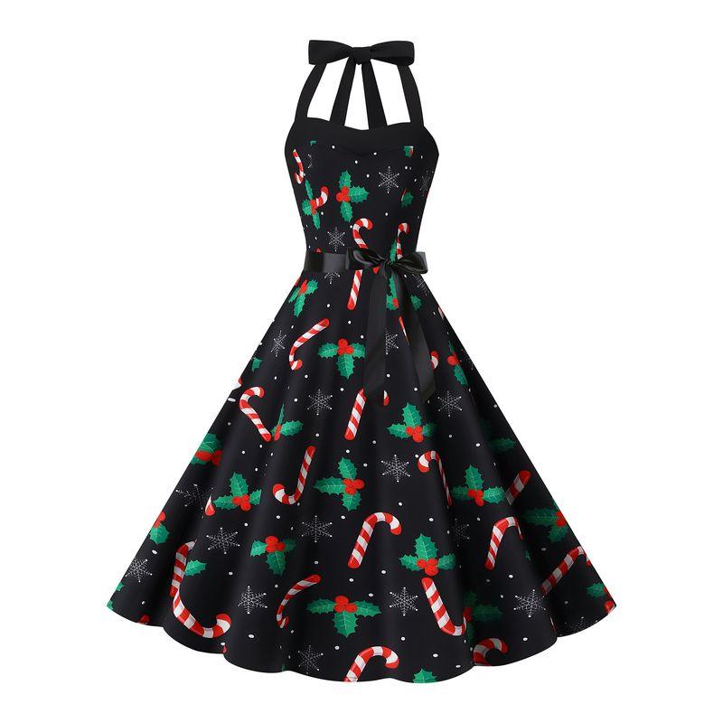 Fashion Style New Arrival Retro Hepburn Style Halterneck Christmas Print Shoelace Cinched Sleeveless Large Swing Dress Belt