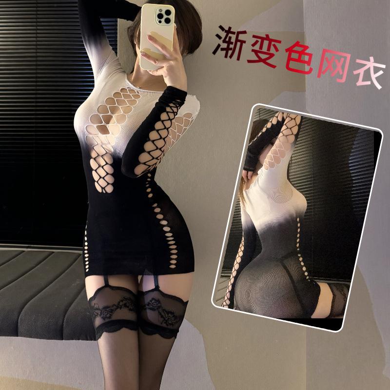 Colorful Gradient Mesh Suspender Skirt with Open Crotch and Hollow Design