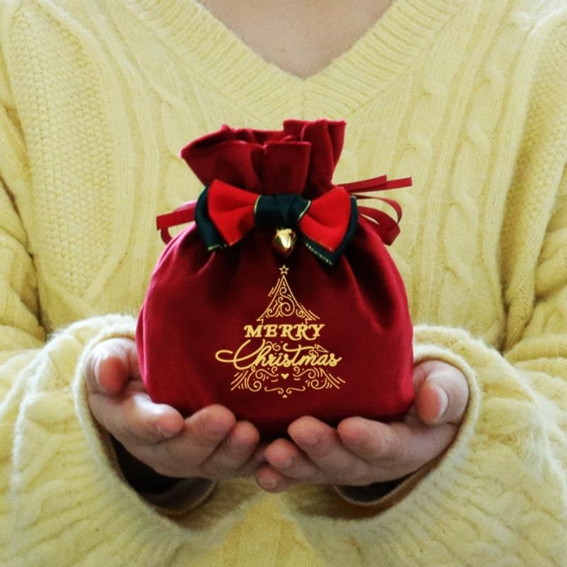 Reusable Holiday Velvets Treat Pouch Drawstring Gift Bag With Bowknot And Bell Christmas Party Decoration Accessories