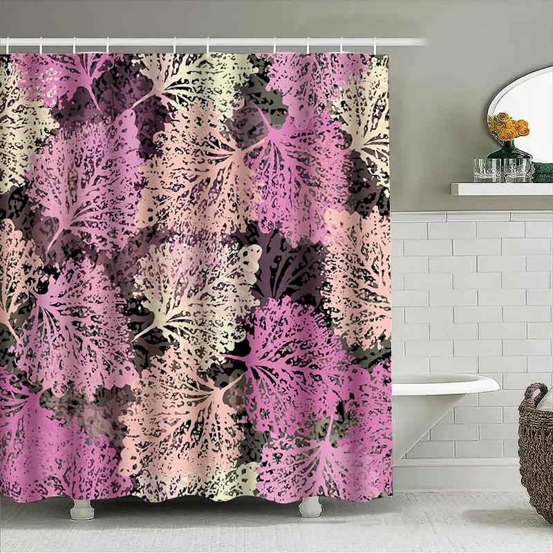 Modern Floral Shower Curtain Pink White Leaves Pattern For Bathroom Decor