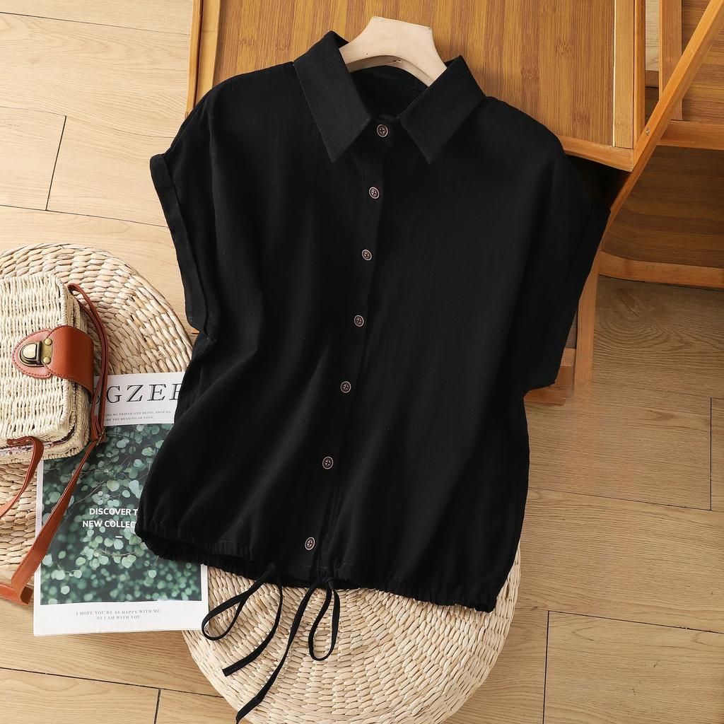 Sleeveless Shirt for Women, Drawstring Hem Top Temperament, Lapel Shirt for Women Loose Summer Style Small Shirt