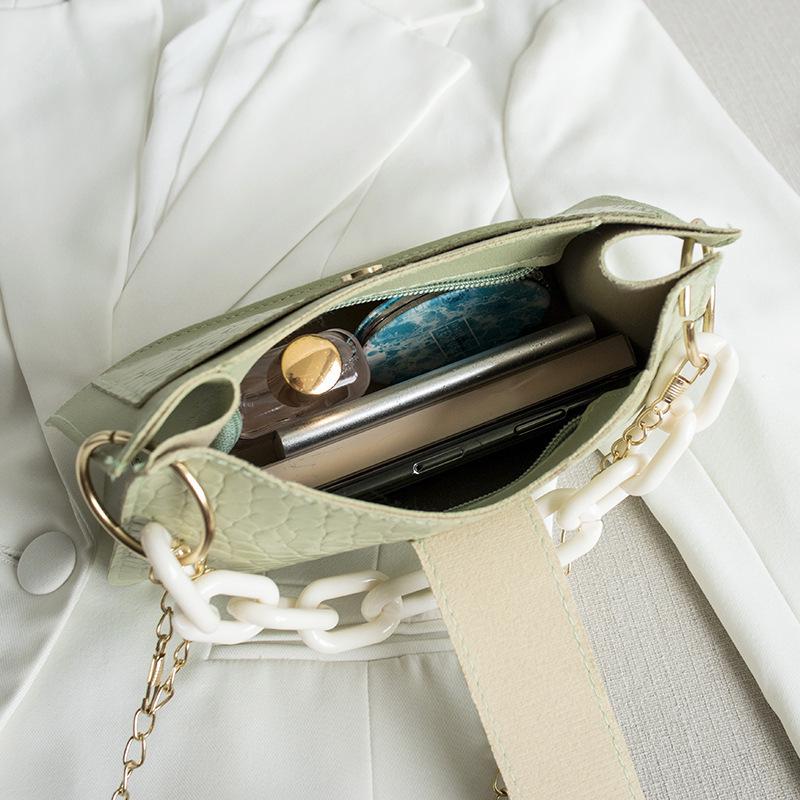 Crocodile Pattern Women's Small White Bag with Button and Chain